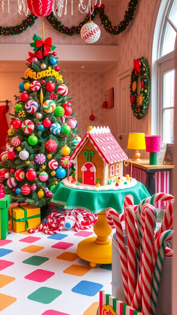 Candyland Christmas Decor Ideas A colorful Candyland Christmas decor scene with a decorated tree, gingerbread house, and candy canes.